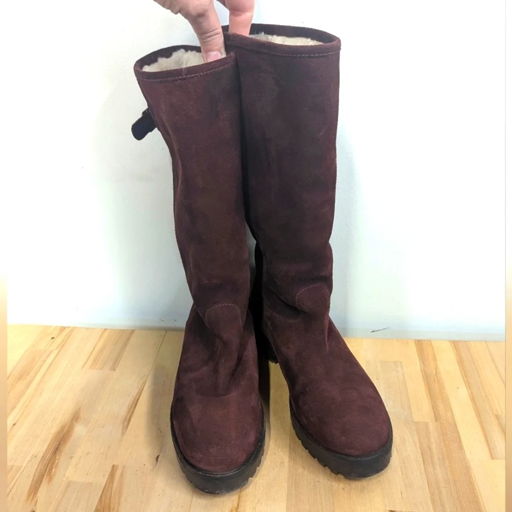 Bally Tall Suede shearling Boots Maroon Apres Ski Designer 36 5.5 / 6 Lug Soles